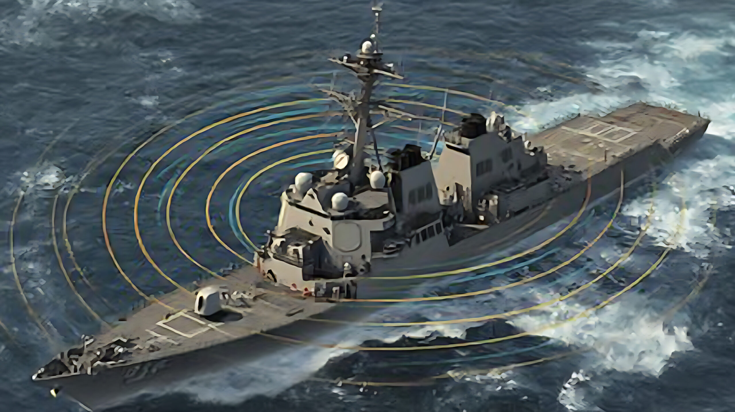 advanced shipboard electronic warfare system generating concentric defense shields intercepting missile trails amidst stormy sea chaos, futuristic military technology concept.
