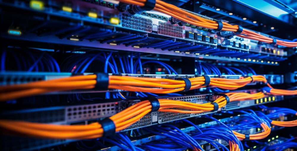 server racks, electric cables and wires representing fiber optic internet equipment for a data center, technology and network background banner server racks, electric cables and wires representing fiber optic internet equipment for a data center, technology and network background banner