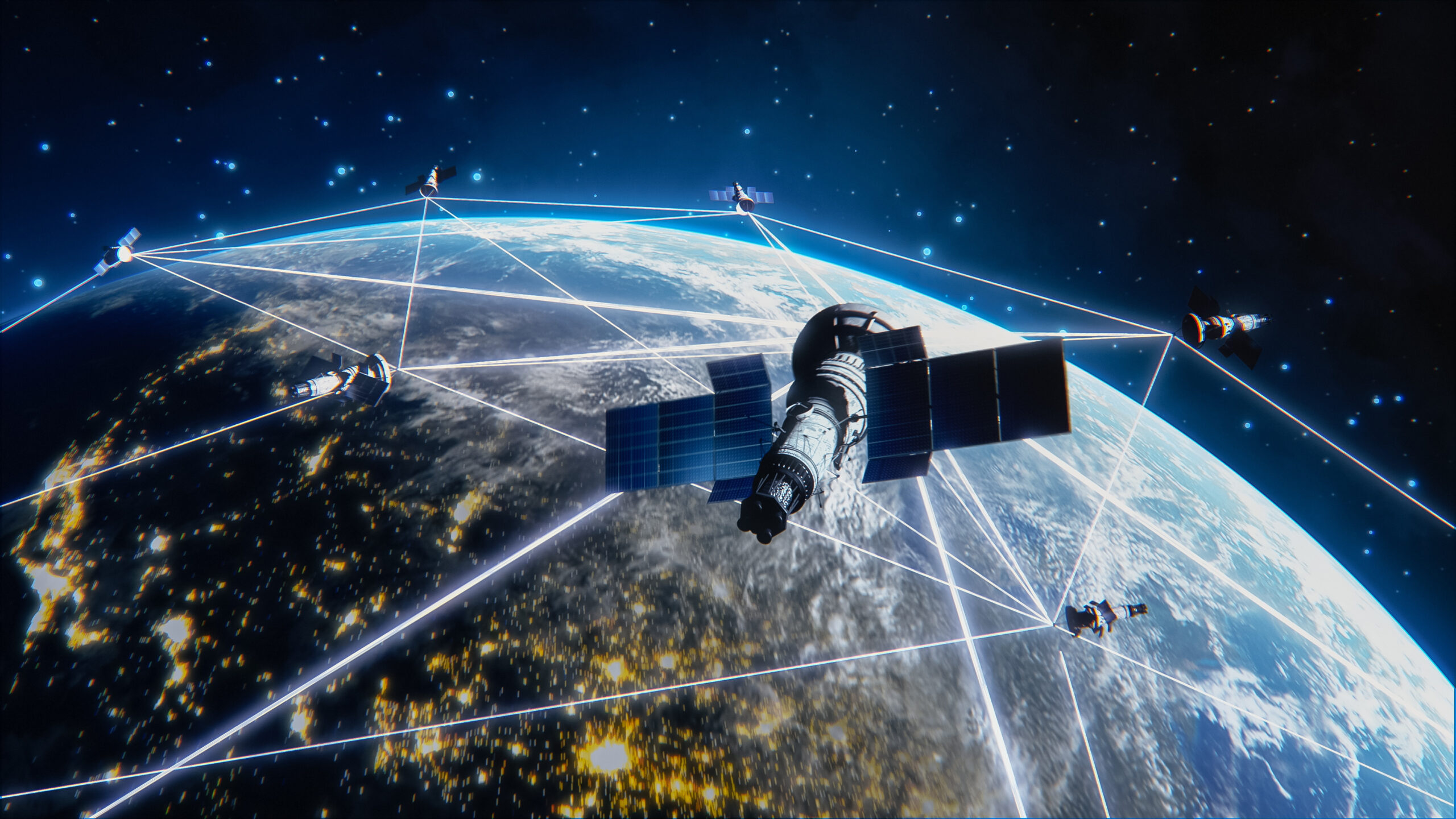 many satellites flying over earth as seen from the space, they c